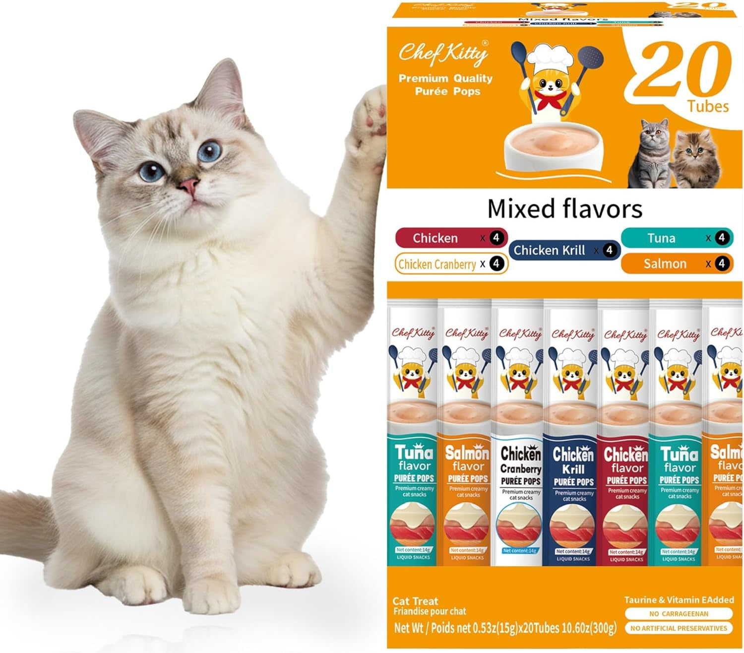 Lickable cat treat puree variety box, 20 tubes, mixed flavors for cats