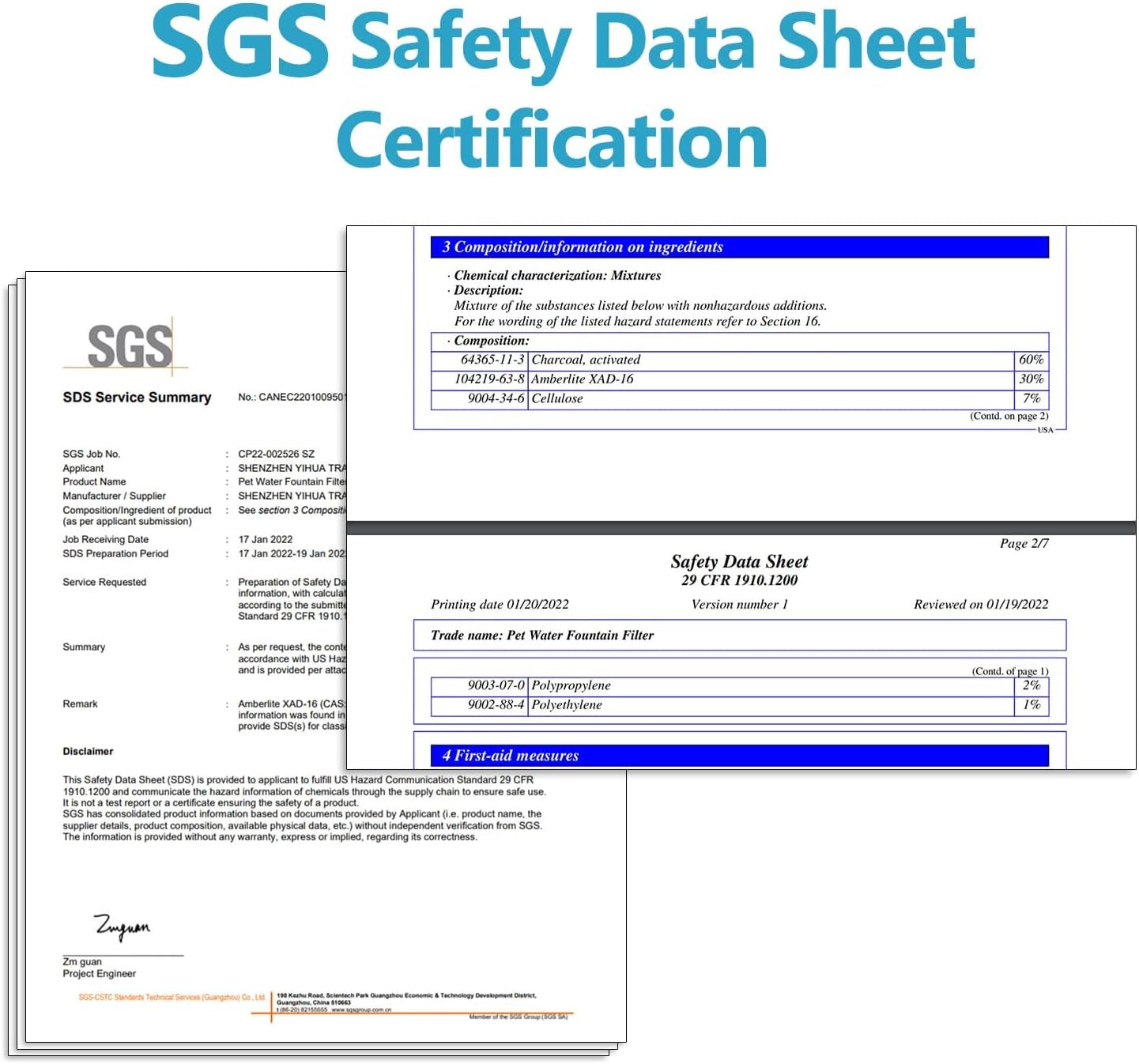 Cat water fountain filter replacement SGS safety data sheet certification document
