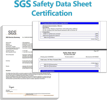 Cat water fountain filter replacement SGS safety data sheet certification document