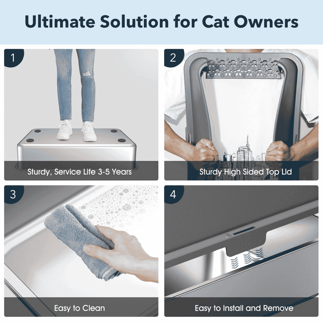 Stainless steel cat litter box with secure side top lid and easy-access scoop opening