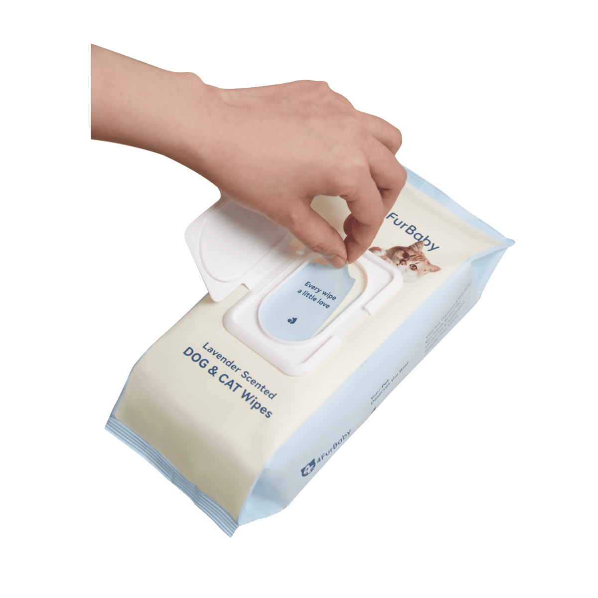 Lavender scented dog & cat wipes pack with open lid, single wipe dispensed