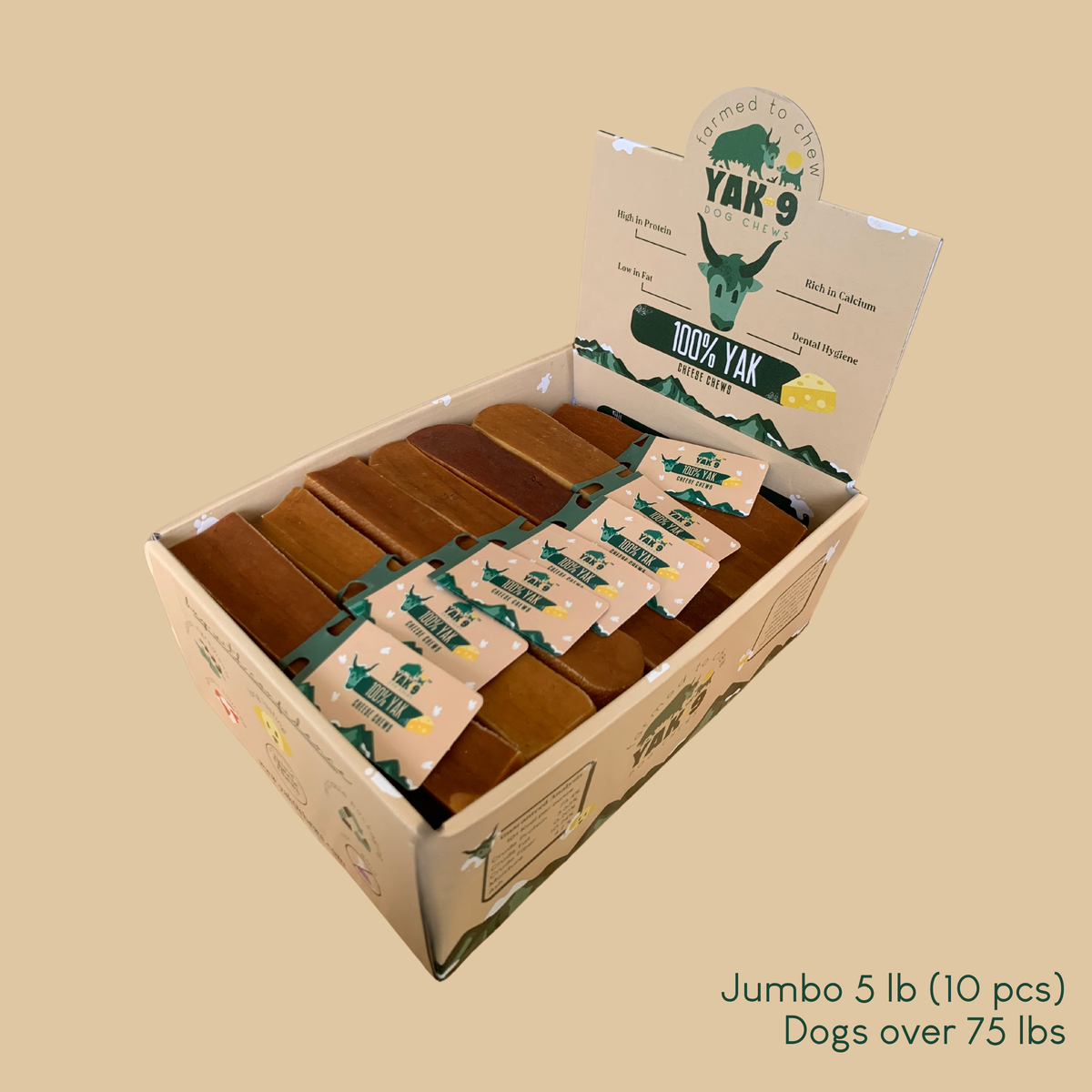 Yak milk cheese chews jumbo box with brown chew sticks and wrapped packs