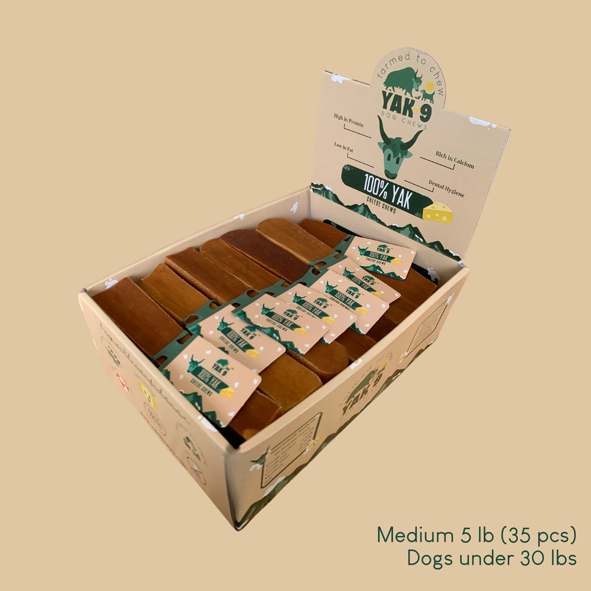 Box of YAK 9 Yak milk cheese chews with individually wrapped chew sticks, medium 5 lb