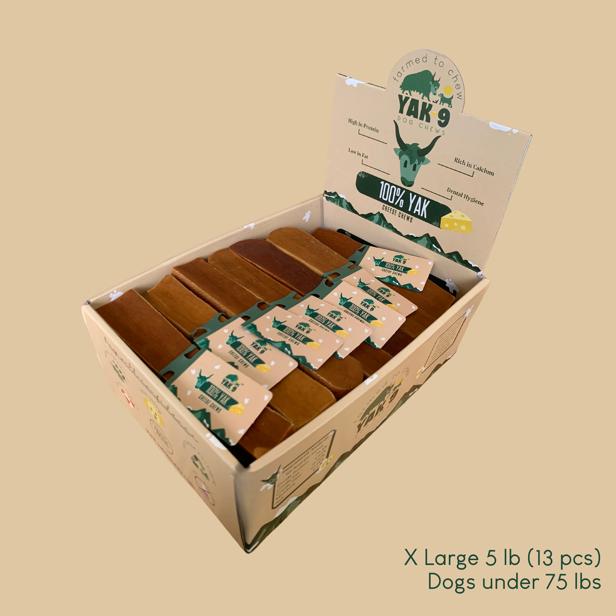 Yak milk cheese chews open box with brown chew sticks and multiple wrapped packs