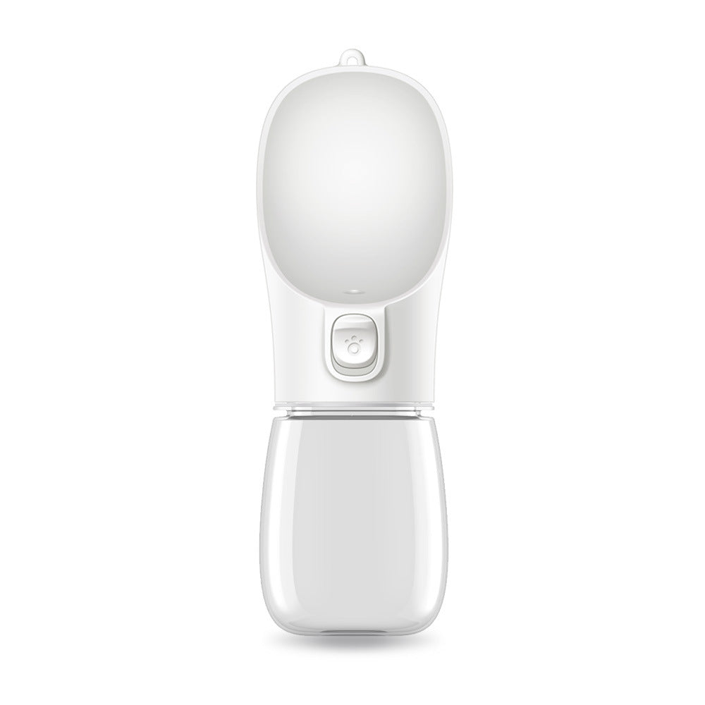 Portable dog water bottle with built-in drinking bowl, white and clear base