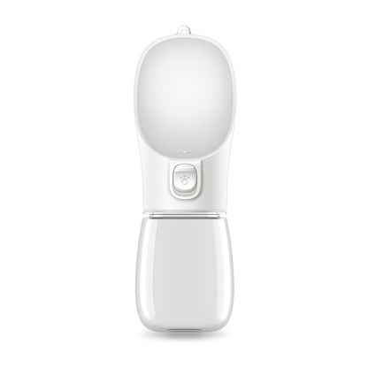 Portable dog water bottle with built-in drinking bowl, white and clear base