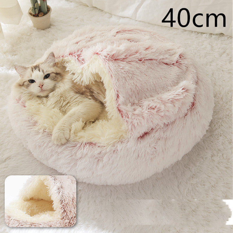 Pink and white plush pet bed for cats and dogs, round, 40cm