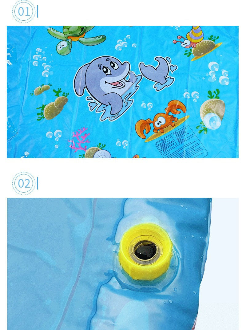 Blue inflatable sprinkler mat panel with cartoon sea animals and yellow water inlet