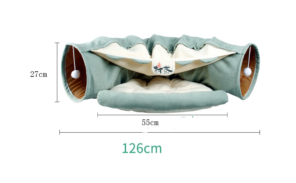 Sage green collapsible cat tunnel play bed with round entrances and padded base