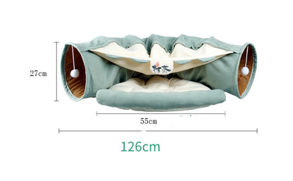 Sage green collapsible cat tunnel play bed with round entrances and padded base