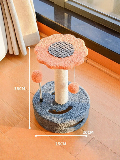 Cat scratching post with dangling balls, blue-gray base and orange flower top on pole.