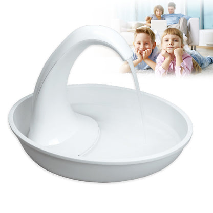 White automatic pet water dispenser bowl with curved spout and inner water tray