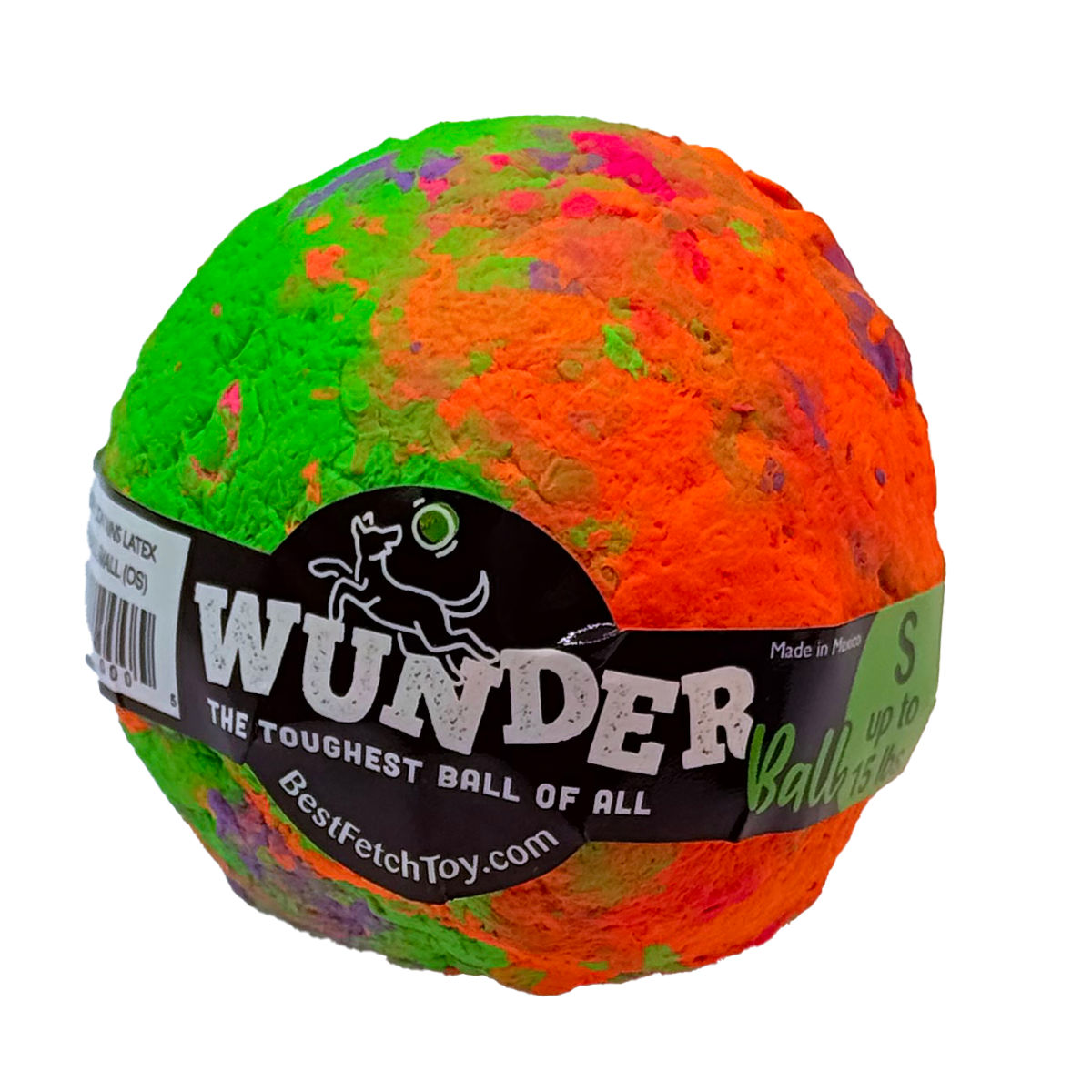 Textured plush fetch toy ball with multicolor swirl, green and orange, black label.