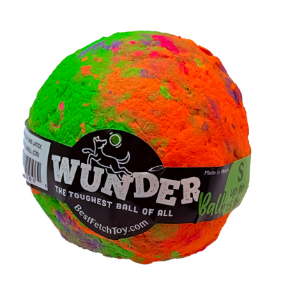 Textured plush fetch toy ball with multicolor swirl, green and orange, black label.