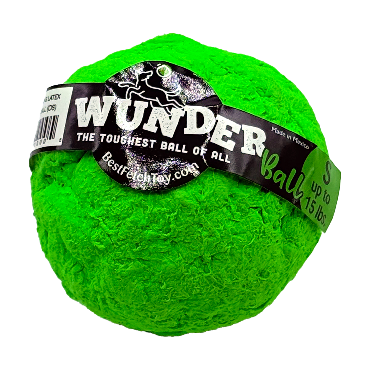 Green textured fetch ball with WUNDERball label and dog graphic