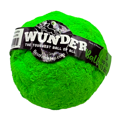 Green textured fetch ball with WUNDERball label and dog graphic