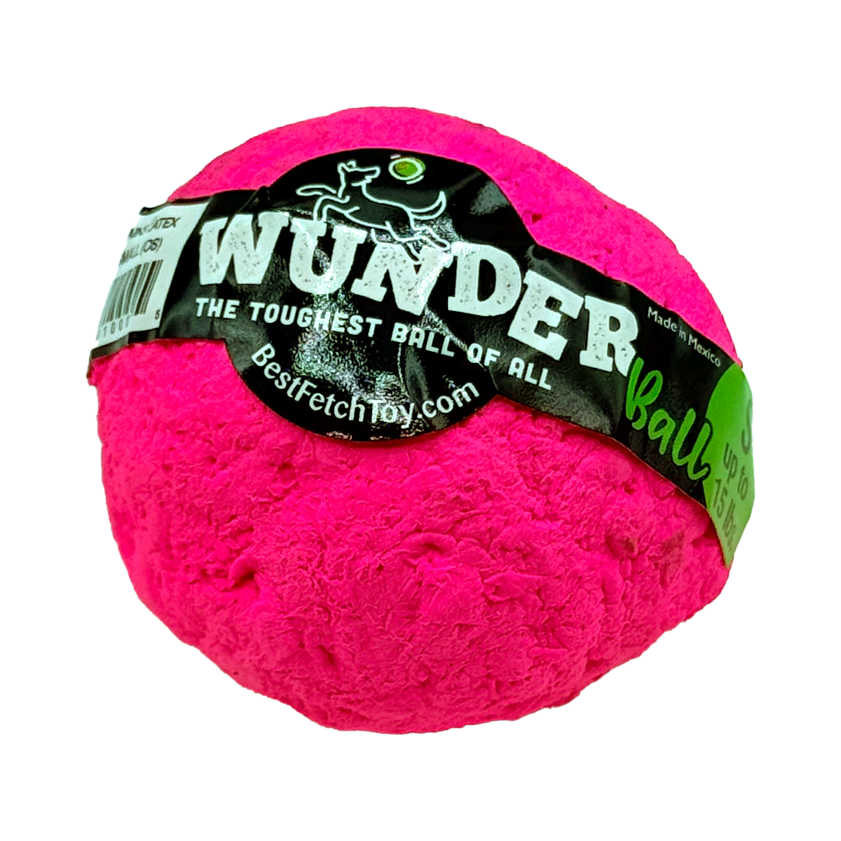 Textured plush fetch toy ball, bright pink, with black printed label.