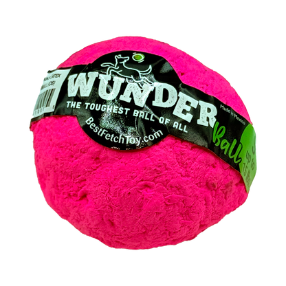 Textured plush fetch toy ball, bright pink, with black printed label.