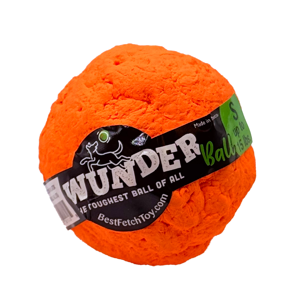 Textured plush fetch toy ball, bright orange, with black printed label.