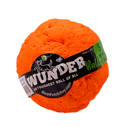 Textured plush fetch toy ball, bright orange, with black printed label.