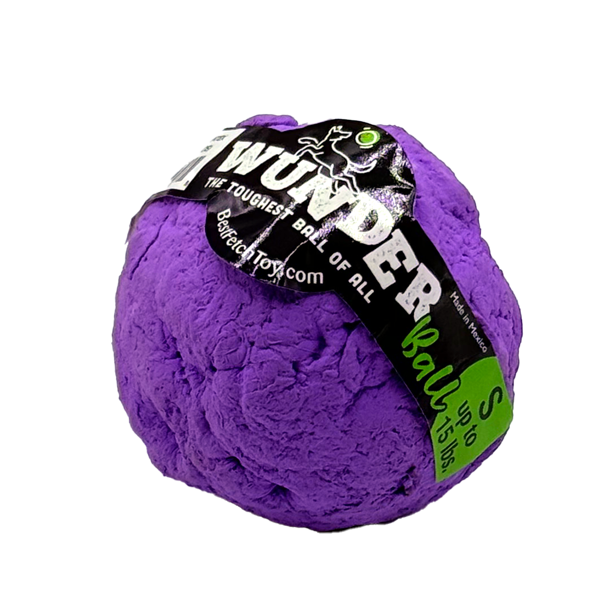 Purple plush fetch toy ball with black product label wrap