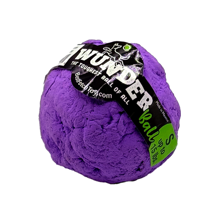 Purple plush fetch toy ball with black product label wrap
