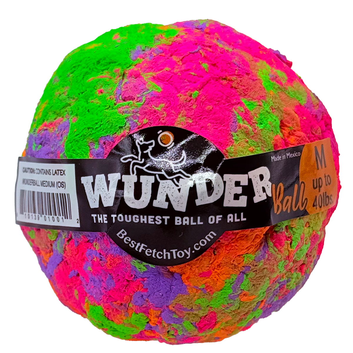 Textured plush fetch toy ball with multicolor swirl, green and pink, black label.