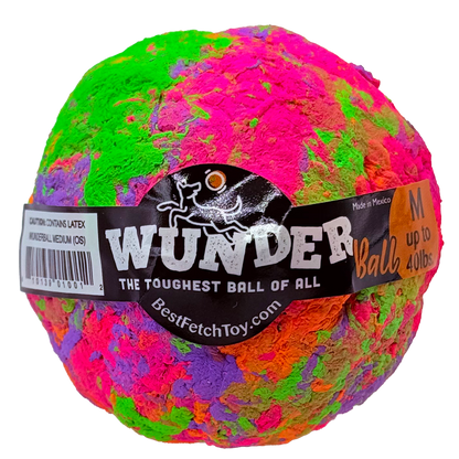 Textured plush fetch toy ball with multicolor swirl, green and pink, black label.