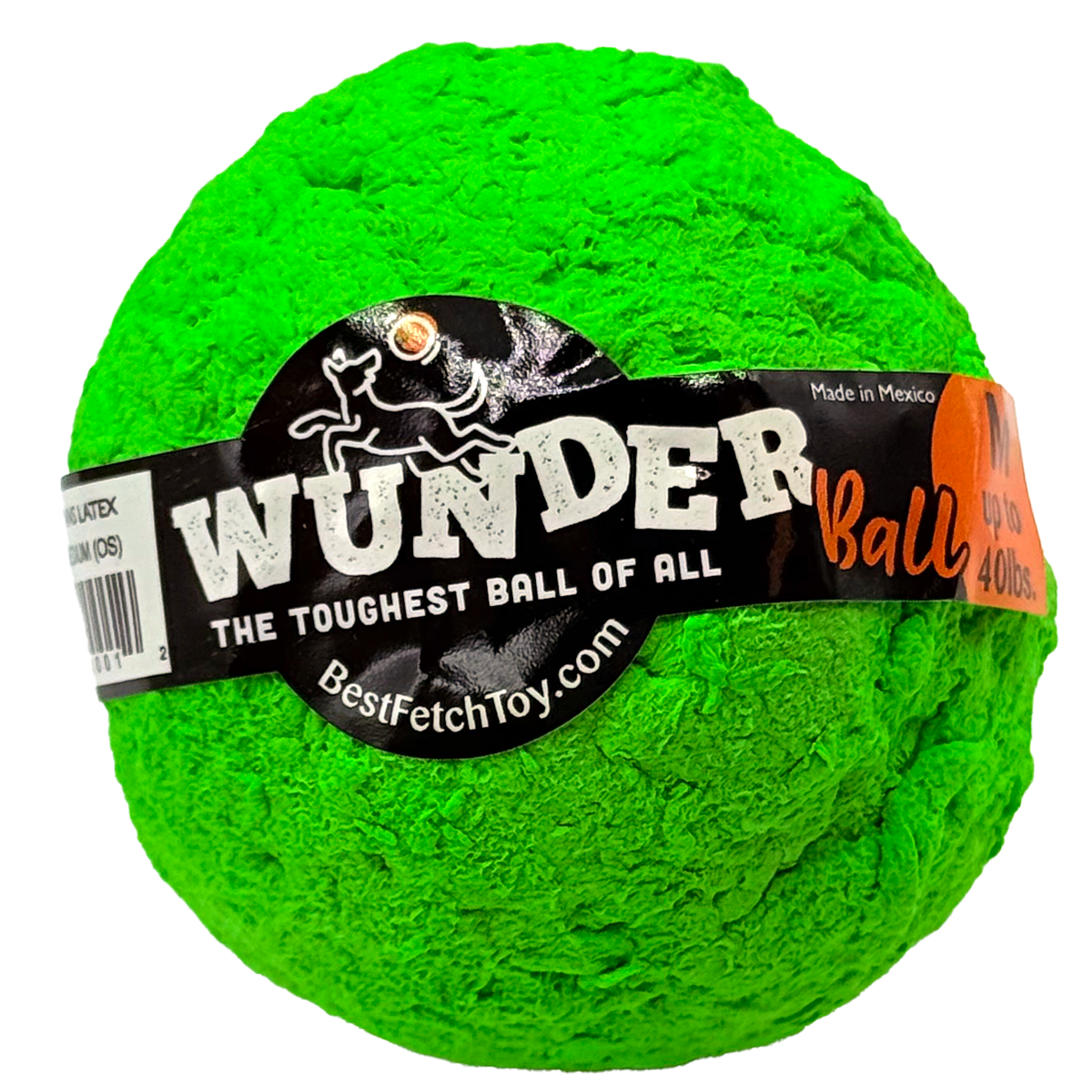 Textured plush fetch toy ball, vivid green, with black printed label.