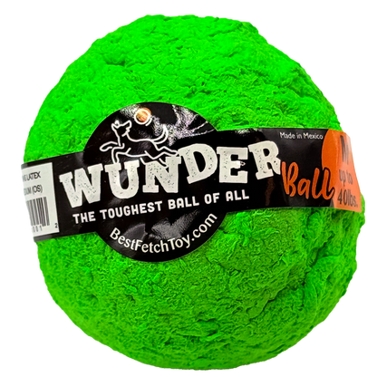 Textured plush fetch toy ball, vivid green, with black printed label.