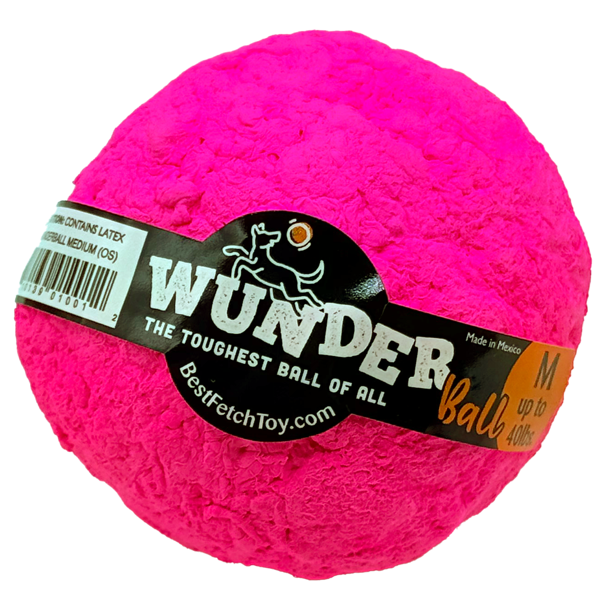Fetch toy ball, fuchsia pink textured exterior with WUNDER logo label