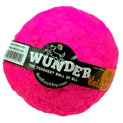 Fetch toy ball, fuchsia pink textured exterior with WUNDER logo label