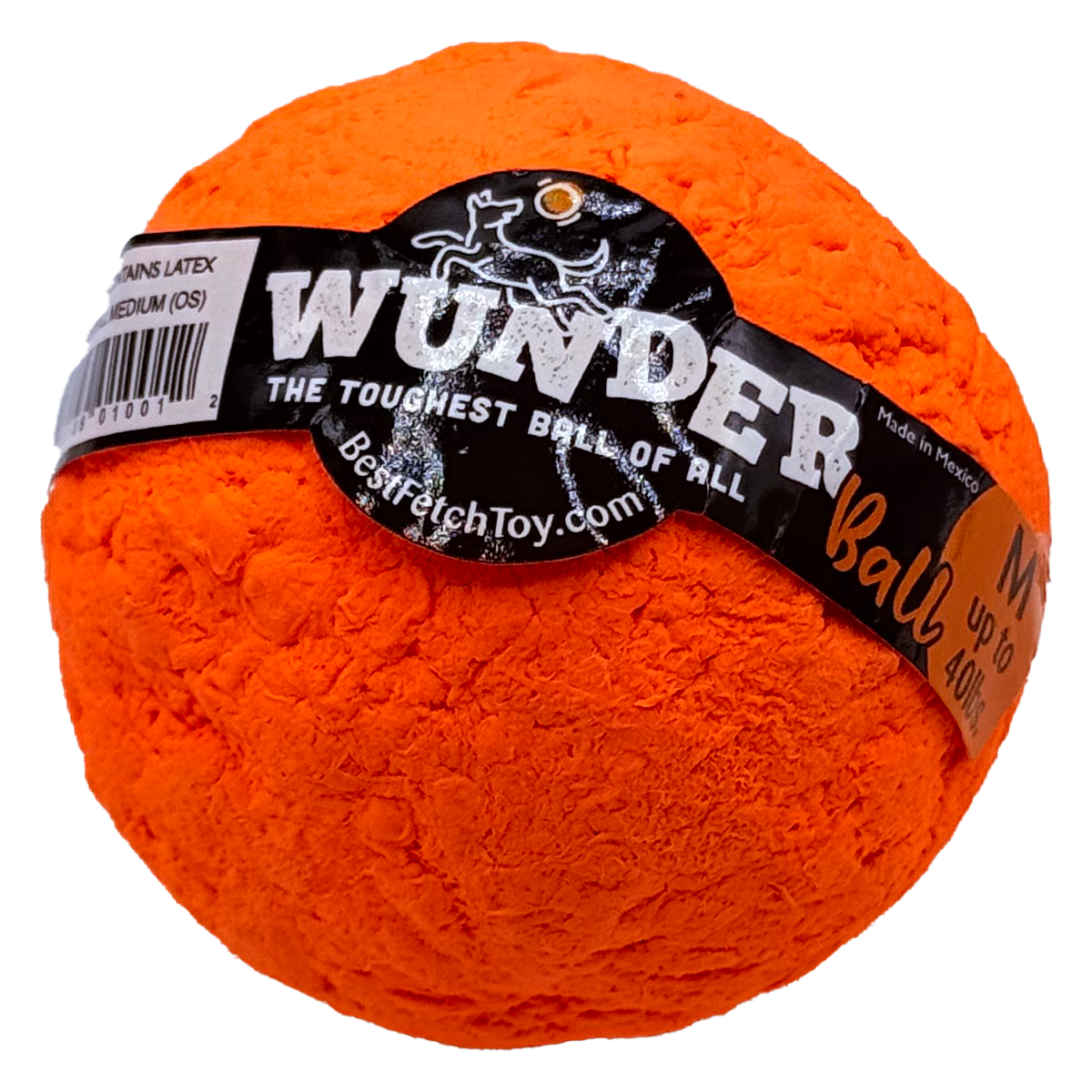 Orange plush fetch toy ball with black product label wrap