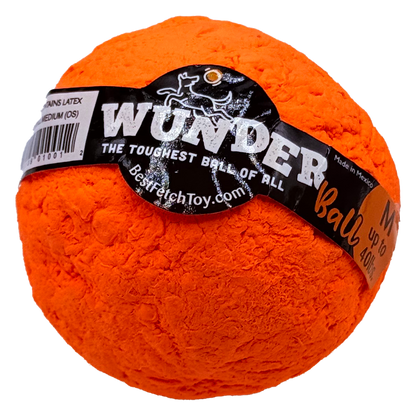 Textured plush fetch toy ball, bright orange, black label and barcode tag.