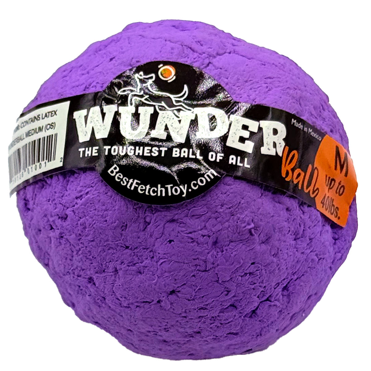 Textured plush fetch toy ball, purple, with black printed label.