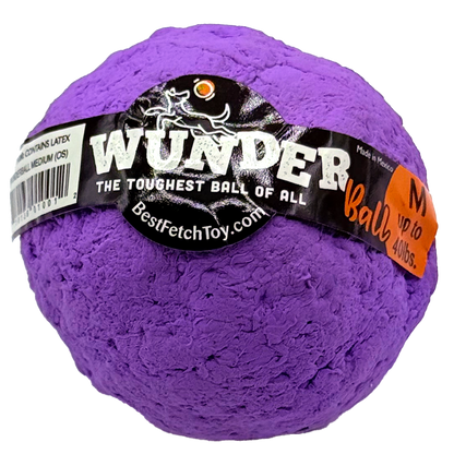Textured plush fetch toy ball, purple, with black printed label.