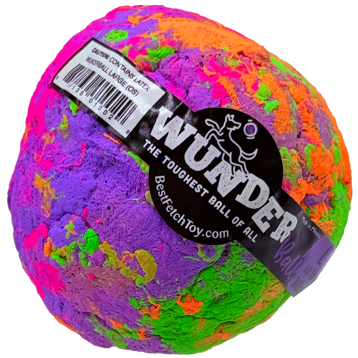 Multicolor plush fetch toy ball with black product label wrap