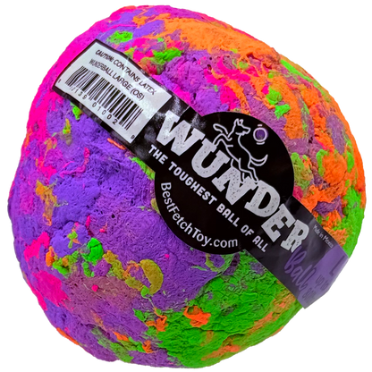 Multicolor plush fetch toy ball with black product label wrap