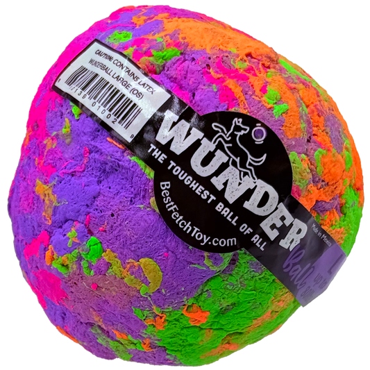 Multicolor plush fetch toy ball with black product label wrap