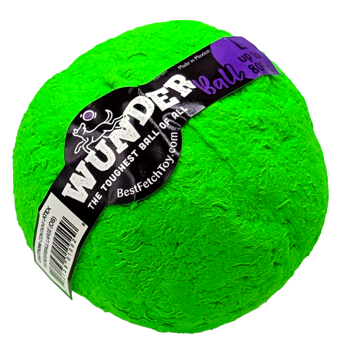Textured plush fetch toy ball, bright green, with black printed label.