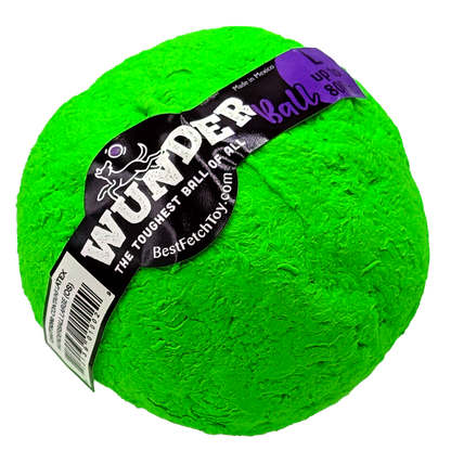 Textured plush fetch toy ball, bright green, with black printed label.