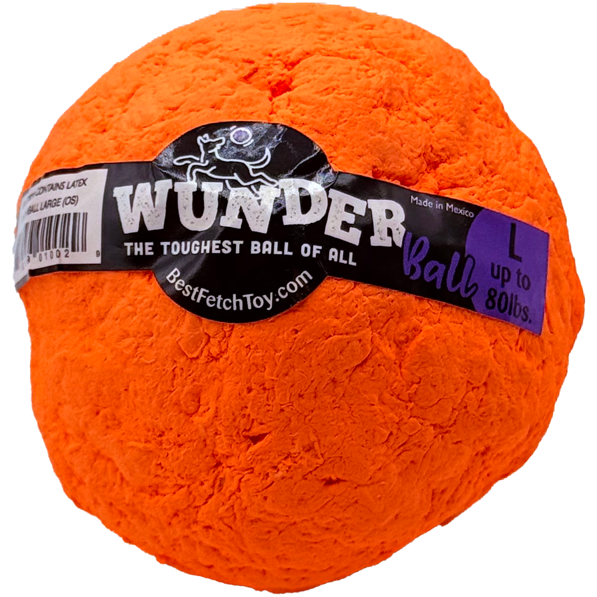 Textured plush fetch toy ball, bright orange, with black printed label.