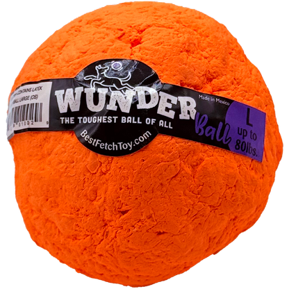 Textured plush fetch toy ball, bright orange, with black printed label.