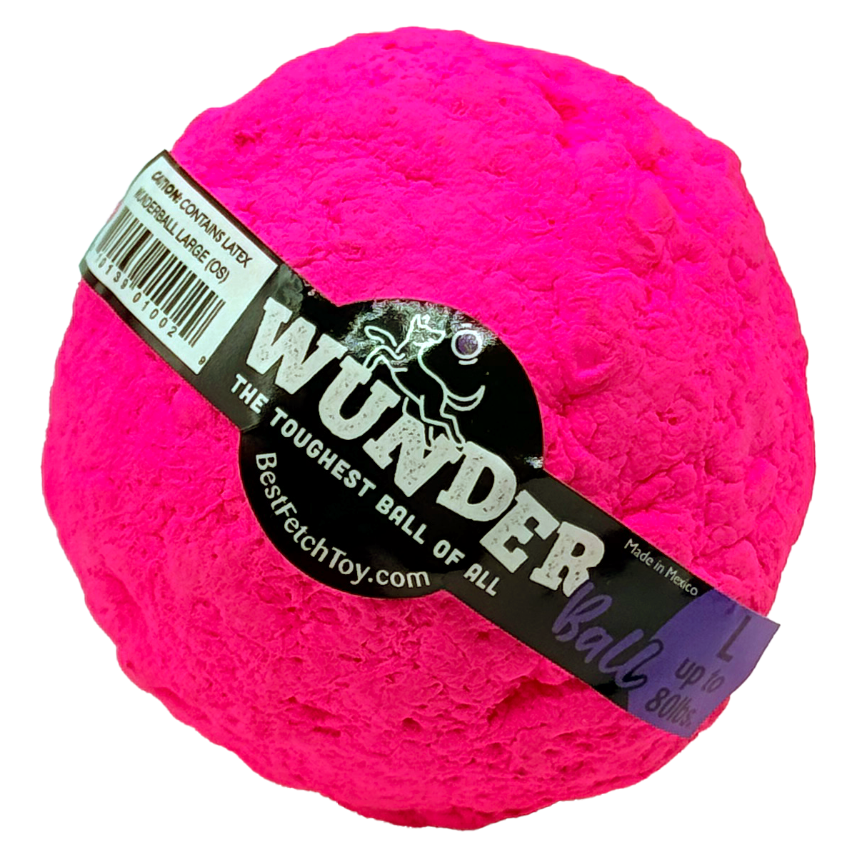 Textured plush fetch toy ball, hot pink, with black printed label.