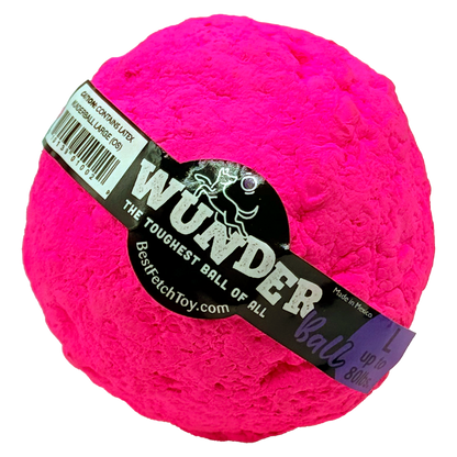 Textured plush fetch toy ball, hot pink, with black printed label.
