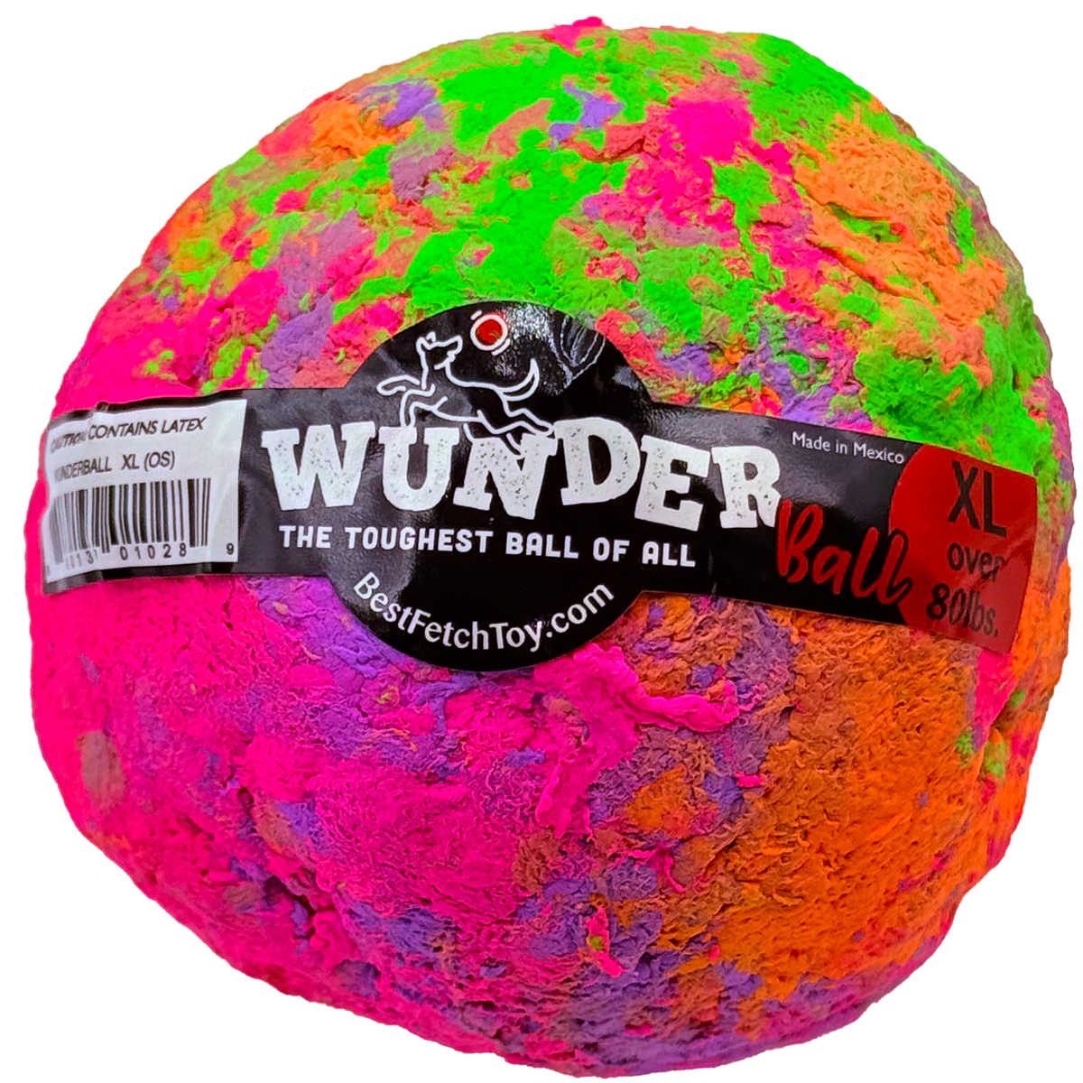 Fetch toy ball, multicolor speckled textured exterior with WUNDER logo label