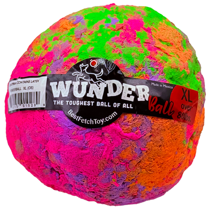 Fetch toy ball, multicolor speckled textured exterior with WUNDER logo label