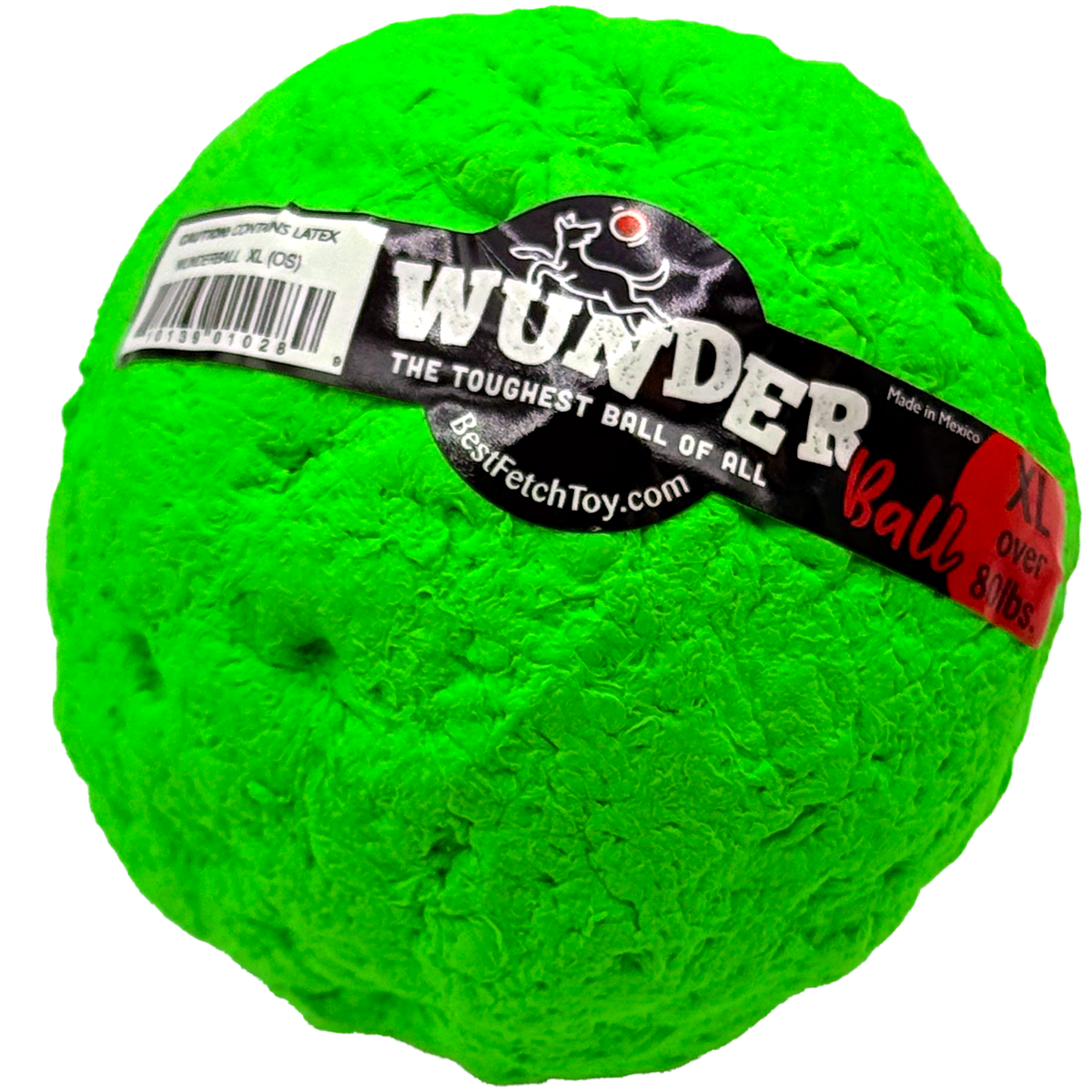 Fetch toy ball, bright green textured exterior with WUNDER logo label