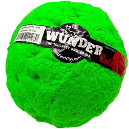 Fetch toy ball, bright green textured exterior with WUNDER logo label