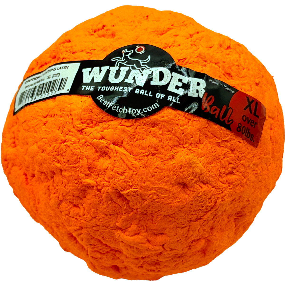 Fetch toy ball, orange textured exterior with WUNDER logo label
